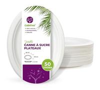 GoBeTree 50 plateaux ovales jetables en papier de canne à sucre 26 x 20 cm. Vaisselle biodégradable blanche extra forte. Plateaux pour les fêtes et les petits-déjeuners