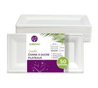 GoBeTree 50 plateaux rectangulaires jetables en papier de canne à sucre 26 x 13 cm. Vaisselle biodégradable blanche extra forte. Plateaux pour les fêtes et les petits-déjeuners