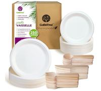 GoBeTree Assiette Jetable et Couvert Bois, Vaisselle Jetable 50 Personnes | 250 Pièces : 50 Assiettes 23 cm et 50 Assiettes 18 cm en Canne à Sucre, 150 Couverts Bois 16 cm, Anniversaire, Fête, Barbecue