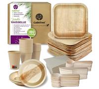 GoBeTree Vaisselle Jetable Feuille de Palmier 180 Pièces pour 25 Personnes. Set Complet Assiettes, Verres, Couverts et Serviettes pour Anniversaire, Traiteur et Buffet - Look Similaire au Bambou