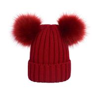 GOBIWM Bonnet en tricot torsadé doux pour femme avec doublure en polaire confortable et 2 pompons amovibles en fausse fourrure, rouge vin, taille unique