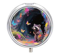 Goblin Cave Pilulier rond à 3 compartiments pour médicaments en forme de raton laveur, organisateur de médicaments décoratif portable pour poche ou sac à main