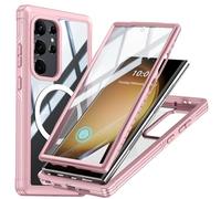 GOBY Coque pour Samsung Galaxy S24 Ultra 5G 360°Protection Housse Prise en Charge de la Recharge sans Fil Verre trempé Case Cover d'adsorption Magnétique Bumper Métal Frame Etui (Rose)