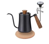 Gocoffun Bouilloire à bec verseur à col de cygne de 550 ml avec thermomètre, poignée en bois anti-chaleur, bouilloire à thé en acier inoxydable avec bec long et étroit (noir)