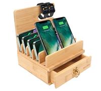 Gocokia Support multifonction en bambou, cinq rainures pour téléphone portable/tablette avec tiroir, support de rangement pour montre, support en bambou pour ranger clés, livres, pour iPad