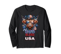 God Bless The USA Funny Patriotic Highlander Vache et Drapeau Manche Longue