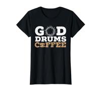 God Drums Coffee Christian Believer Drummer Amateur de caféine T-Shirt Graphique avec Valeur, Femme, Noir, XS
