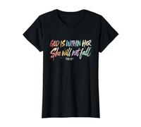 God is Within Her She Will Not Fall T-Shirt Graphique avec Valeur, Femme, Noir, M