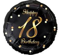 GoDan Ballon en plastique Nombre 18, Happy 18 Birthday, noir, impression dorée, 18"