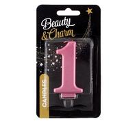 GoDan Beauty&Charm Bougie d'anniversaire numéro 1 taille 8 cm, bougie en cire rose métallisé avec des reflets dorés, bougie numérotée pour décorer un gâteau d'anniversaire, un gâteau d'anniversaire, u
