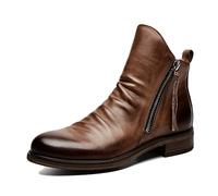 GODARM Bottines d'extérieur pour homme - Rétro - Plissées - Fermeture éclair - Pompons en cuir respirant - Résistantes à l'usure - Doublure chaude - Bottes de cowboy - Chaussures de trekking, marron,