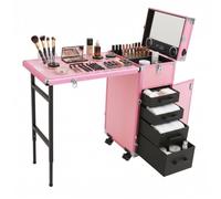 Goddlgjik Table à ongles pliable avec 4 tiroirs et télécommande, Rose/noir | 4 roues de frein, jusqu'à 50 kg, pour salon de manucure, applications mobiles, marchés aux puces, stations de maquillage