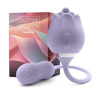 Gode Vibro-Masseur Rose 2-en-1 par Oliver James - Gode Vibrant, Sextoyse Femme Clitoridienne en Forme de Rose, 10 Modes de Vibration, Étanche & Rechargeable USB Dildo, Sextoy Femme (Lilas Pastel)