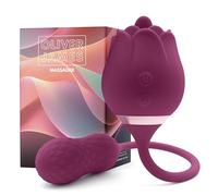 Gode Vibro-Masseur Rose 2-en-1 par Oliver James - Gode Vibrant, Sextoyse Femme Clitoridienne en Forme de Rose, 10 Modes de Vibration, Étanche & Rechargeable USB Dildo, Sextoy Femme (Violet Foncé)