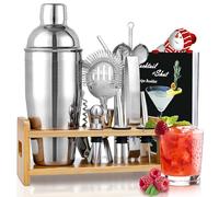 Godmorn Shaker Cocktail Kit 15 pièces, Cocktail Set Bar Kit Bar Tool Set 750 ML, Shaker à Martini en Acier Inoxydable avec Support en Bois, Double Jigger, Cuillère à mélanger, 2 Verseurs, Recettes