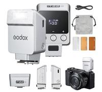 Godox iT22 S Mini flash pour appareil photo Sony avec batterie 7,4 V 300 mAh manuel/modes TTL 700 + flashs 1,5 s avec diffuseur/filtres de couleur Argenté