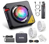 Godox ML100R Kit3 Lampe vidéo LED RVB avec chargeur de batterie BG-02, réflecteur de lentille interchangeable 15° et 36°, 1800-10000 K CCT, 14 effets cinématographiques FX, contrôle par application