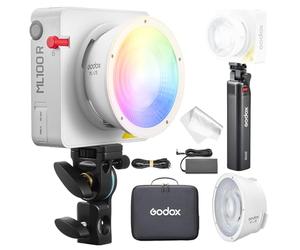 Godox ML100R Kit3 Lampe vidéo LED RVB avec chargeur de batterie BG-02, réflecteur de lentille interchangeable 15° et 36°, 1800-10000 K CCT, 14 effets cinématographiques FX, contrôle par application