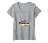 Gods Masterpiece Child of God Inspirational Faith Citation T-Shirt avec Col en V, Femme, Gris Chiné, S