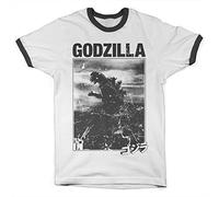 Godzilla Officiellement sous Licence Vintage Ringer Tee Ringer Hommes T-Shirt (Blanc-Noir), X-Large