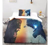Godzilla Vs Kong Housse De Couettes Imprimée3D, 3 Pièces King Kong Vs Godzilla Housse De Couette, Microfibre Parure De Lit avec Fermeture Éclair + Taie d'oreiller,pour Enfant Adult.Single（135x200cm）