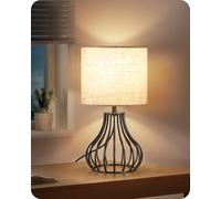 GOEBLESON Petit Lampe de Chevet, Lampe de Table moderne avec base de cage métallique et abat-jour en lin, 1 ampoule LED E27 4W inclus, pour chambre, salon, Beige et Noir ZE10TLD05N1