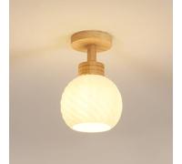 Goeco Plafonnier Moderne, Bois E27 Lampe de Plafond avec Abat-jour de Verre, Luminaire Couloir Plafond pour Salon Chambre Entrée Couloir, Ø14cm