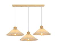 Goeco Suspension Luminaire en Bois, 3 Lumières Lampe Suspension Rétro E27 Avec Abat-jour en Tissu, Plafonnier Blanc pour Salle à Manger Chambre Salon Couloirs (Sans Ampoule)