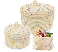 GOEDCH 2 Pièce Panier en Corde de Coton: Paniers de Décoration avec Couvercle, Points Décoratifs Ronds Colorés, Panier Rangement pour Plantes, Jouets, Bébés, Collations, Linge, Salle de Bain