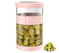GOEDCH Bocal en verre avec tamis : 1500 ml, rose, cornichons hermétiques à retourner, pour concombres, olives et jalapenos, séparateur de jus anti-fuite, sablier, verre de concombre