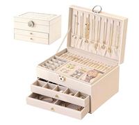 GOEDCH Boîte à bijoux à 3 niveaux : boîte à bijoux amovible à 3 couches avec 2 tiroirs, grande boîte à bijoux doublée de velours perlé doux pour bijoux, colliers et bracelets (blanc)