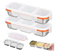 GOEDCH Boîte à goûter en acier inoxydable : lot de 2 boîtes à goûter en acier inoxydable avec 3 compartiments et couvercles en plastique, boîtes à collation en acier inoxydable, boîte à repas