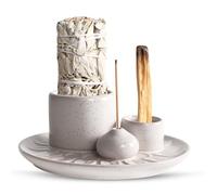 GOEDCH Bol d'encens en céramique : porte-encens à sauge blanche, 4 en 1, bol d'encens, porte-encens, support de méditation, support avec plaque de récupération des cendres pour salle de méditation