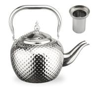 GOEDCH Bouilloire à thé de 1,2 l avec infuseur et poignée anti-brûlure : isolation thermique en acier inoxydable martelé pour la maison, le restaurant, les voyages en plein air (argenté)