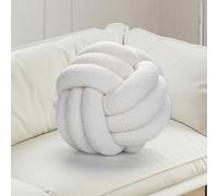 GOEDCH Coussin à nœuds : coussin rond en laine d'agneau beige et blanc, 22 cm, coussin décoratif pour lit, chambre à coucher, canapé, bureau, voiture