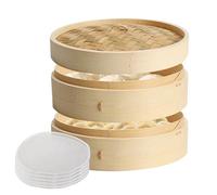 GOEDCH Cuiseur Vapeur en Bambou: 21 cm Panier Vapeur en Bambou à 2 Étages, Cuisson Vapeur Asiatique avec Couvercle, avec 5 Tapis Vapeur Antiadhésifs, pour Dim Sum, Légumes, Poisson, Viande, Raviolis