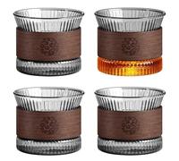 GOEDCH Ensemble de Tasses à Expresso: 4 Tasses à Café en Verre de 180 ml, Transparente avec Anneau en Bois Massif, Cappuccino en Verre pour Les Amateurs de Café