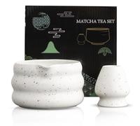 GOEDCH Ensemble de thé matcha en grès blanc : bols à matcha faits à la main, bol à matcha avec bec verseur, fouet à matcha, service à thé de qualité supérieure pour cérémonie du thé japonaise, en