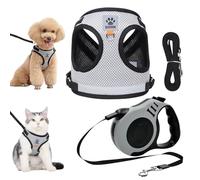 GOEDCH Ensemble Harnais et Laisse pour Chat: Laisse Rétractable Automatique pour Chiens et Chats, Gris Harnais Anti Évasion avec Laisse Réglable de 5 m, Harnais de Poitrine Respirant pour Chiots (S)