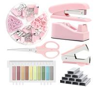 GOEDCH Fournitures de Bureau Roses: Ensemble de Fournitures de Bureau, Kit d'accessoires de Bureau avec Agrafeuse, Distributeur de Ruban Adhésif, ôte-agrafes, Clips, Ciseaux, Onglets