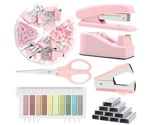 GOEDCH Fournitures de Bureau Roses: Ensemble de Fournitures de Bureau, Kit d'accessoires de Bureau avec Agrafeuse, Distributeur de Ruban Adhésif, ôte-agrafes, Clips, Ciseaux, Onglets