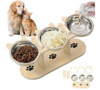 GOEDCH Gamelle surélevée pour chat : mangeoire pour chat avec 3 bols en acier inoxydable et support en bois, solution ergonomique réglable en hauteur pour chats et petits chiens, design