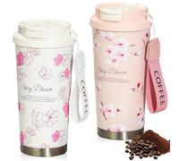 GOEDCH Gobelet à café à emporter : 2 pièces 500 ml, tasse de voyage en acier inoxydable avec couvercle anti-fuite et pailles, fleurs de cerisier, fleurs de pêcher gobelet isotherme pour eau chaude et