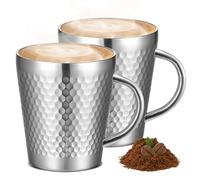 GOEDCH Gobelet Double Paroi en Acier Inoxydable: 2 Tasses en Acier Inoxydable avec Anse, Gobelet de Camping en Empilables Argenté, Tasse à Café Incassable, gobelet Isotherme pour Maison et Extérieur