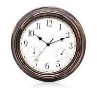 GOEDCH Horloge murale vintage : étanche, silencieuse, rétro, résistante aux intempéries, avec thermomètre et hygromètre, silencieuse, sans tic-tac en métal, pour chambre à coucher, salon, cuisine