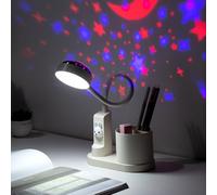 GOEDCH Lampe de bureau pour enfants : lampe de table LED avec porte-stylo projection d'étoile, lampe de lecture à intensité variable avec projection et porte-crayon pour étudiant, dortoir, étude