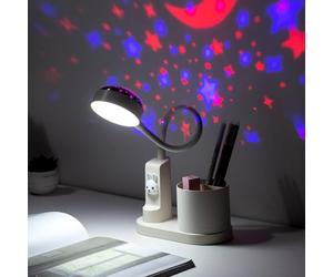 GOEDCH Lampe de bureau pour enfants : lampe de table LED avec porte-stylo projection d'étoile, lampe de lecture à intensité variable avec projection et porte-crayon pour étudiant, dortoir, étude