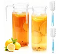 GOEDCH Lot de 2 carafes à eau de 1,1 l avec couvercle et poignées : carafe à eau transparente, en plastique transparent, sans BPA et incassable, pichet en acrylique pour thé glacé, sangria, limonade