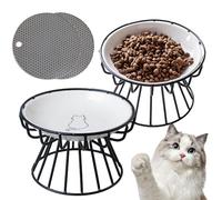 GOEDCH Lot de 2 gamelles pour chat en céramique surélevées : 15 cm de large gamelle chat avec support en métal et dessous en silicone, gamelle surélevée, mangeoire chat pour nourriture et eau
