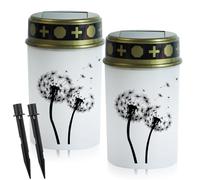 GOEDCH Lot de 2 lanternes funéraires : 11,5 x 6,6 cm - Lanterne funéraire LED avec piquet de terre - Blanc à piles - Lampe de cimetière étanche avec capteur crépusculaire pour décoration funéraire